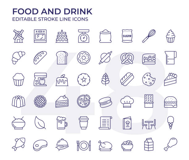 ilustrações, clipart, desenhos animados e ícones de conjunto de ícones da linha de alimentos e bebidas - pastry croissant isolated bakery