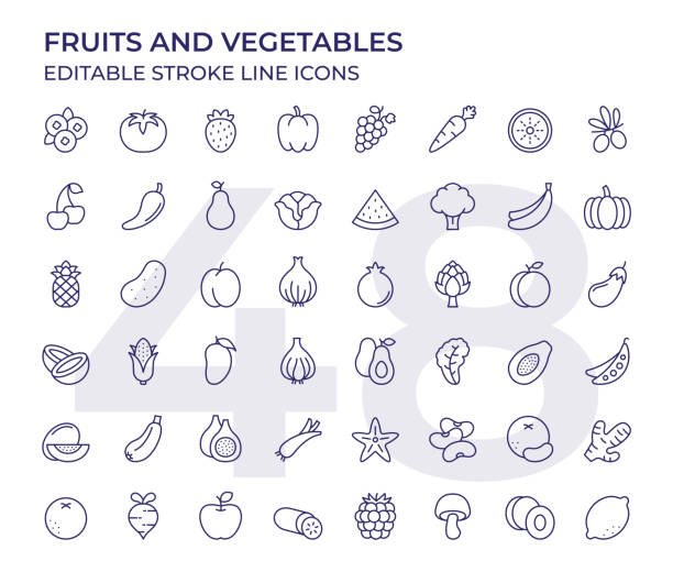 ilustraciones, imágenes clip art, dibujos animados e iconos de stock de iconos de la línea de frutas y verduras - vegetal