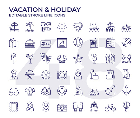 Vector Style Vacation And Holiday Editable Stroke Line Icon Set
