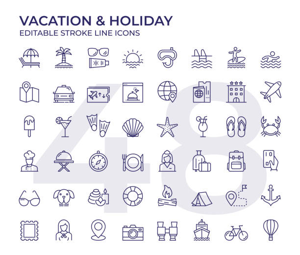 Vacation And Holiday Line Icons Vector Style Vacation And Holiday Editable Stroke Line Icon Set beach symbols stock illustrations