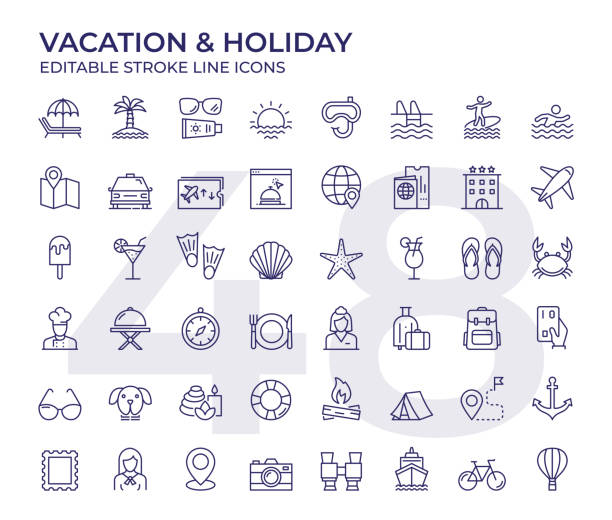 Vacation And Holiday Line Icons Vector Style Vacation And Holiday Editable Stroke Line Icon Set tourism stock illustrations