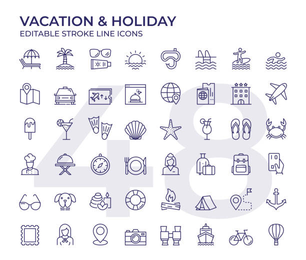 Vacation And Holiday Line Icons Vector Style Vacation And Holiday Editable Stroke Line Icon Set travel stock illustrations