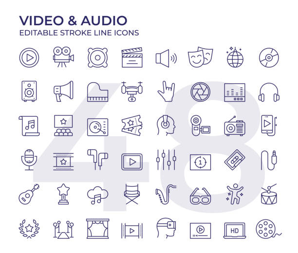 ilustraciones, imágenes clip art, dibujos animados e iconos de stock de iconos de línea de vídeo y audio - medios de comunicación