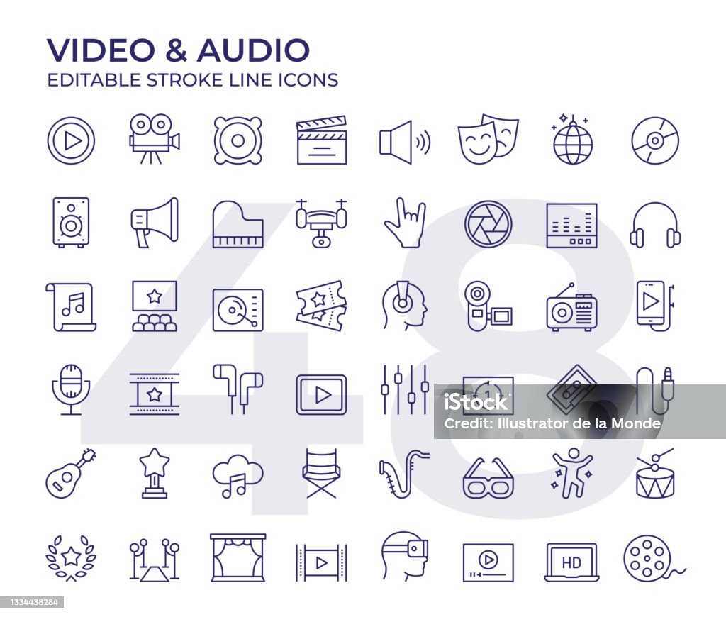 Video And Audio Line Icons Vector Style Video And Audio Editable Stroke Line Icon Set Icon stock vector