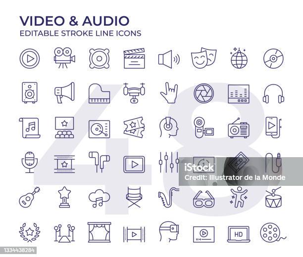 Video And Audio Line Icons Stock Illustration - Download Image Now - Icon, Movie, Home Video Camera