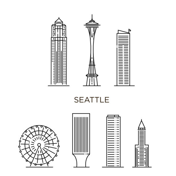 Seattle city in flat line trendy style Minimal Seattle City Linear Skyline. Thin symbols washington state line art stock illustrations