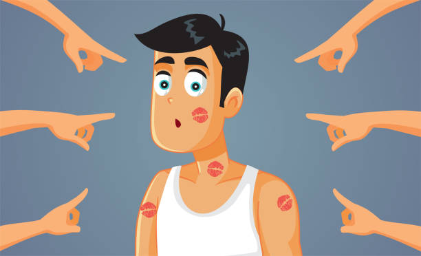 ilustrações de stock, clip art, desenhos animados e ícones de fingers pointed at infidel boyfriend covered in lipstick marks - husband