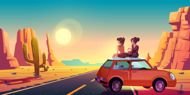 Girlfriends on car roof admire beautiful sunset Girlfriends sit on car roof admire beautiful sunset or sunrise picturesque view in desert with asphalt road going into the distance through rocks and cacti, friends travel, Cartoon vector illustration desert camping stock illustrations