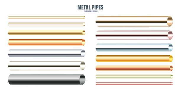 ilustrações, clipart, desenhos animados e ícones de várias tubulações de aço e cobre. material de construção. textura de metal polido. gradiente prateado. ilustração vetorial - pipe backgrounds built structure three dimensional shape