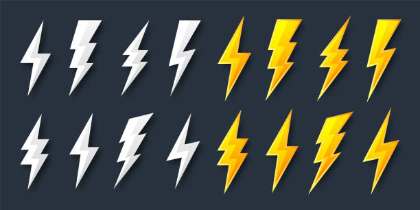kolekcja ikon błyskawicy. symbol lampy błyskowej, piorun. prosty znak uderzenia pioruna. ilustracja wektorowa - lightning strike stock illustrations