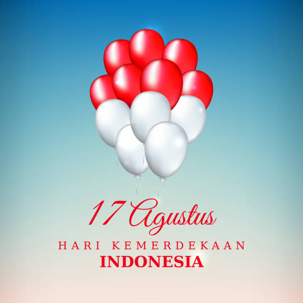 istock August 17, independence day indonesia, vector template with balloons indonesian flag colors on blue sky background. National holiday. Translation: August 17th Happy Indonesian Independence Day 1334442683