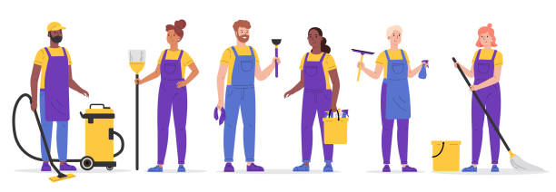 Cleaning service,people in uniform Set of cleaning company staff to work with the equipment. Cleaning service, people vacuuming and washing in uniform. Woman with buckets and mop,broom,wiper,plunger. Vector illustration in a flat style cleaner illustrations stock illustrations