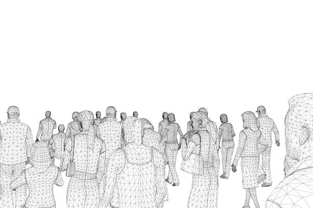 illustrazioni stock, clip art, cartoni animati e icone di tendenza di folla wireframe di persone da linee nere isolate su sfondo bianco. 3d. illustrazione vettoriale - audience silhouette crowd people