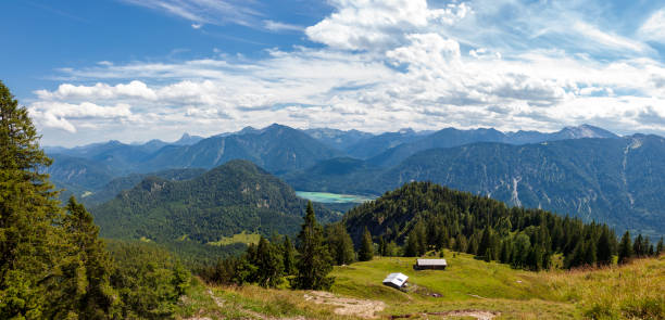 панорамный вид с воздуха на озеро альп вальхензее и альпийскую хижину - штаффель. баварские преальпы в германии, европе. - alm bavaria mountain summer стоковые фото и изображения