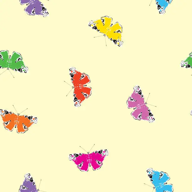 Vector illustration of seamless pattern with bright peacock eye butterflies