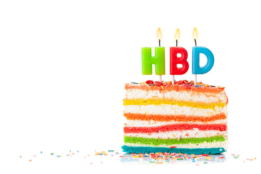 Birthday cake with happy birthday candles. Isolated on white background with copy space for your greetings