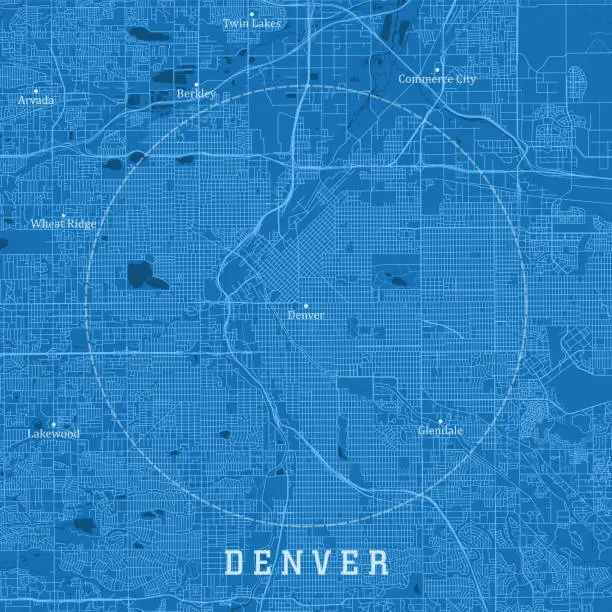 Vector illustration of Denver CO City Vector Road Map Blue Text