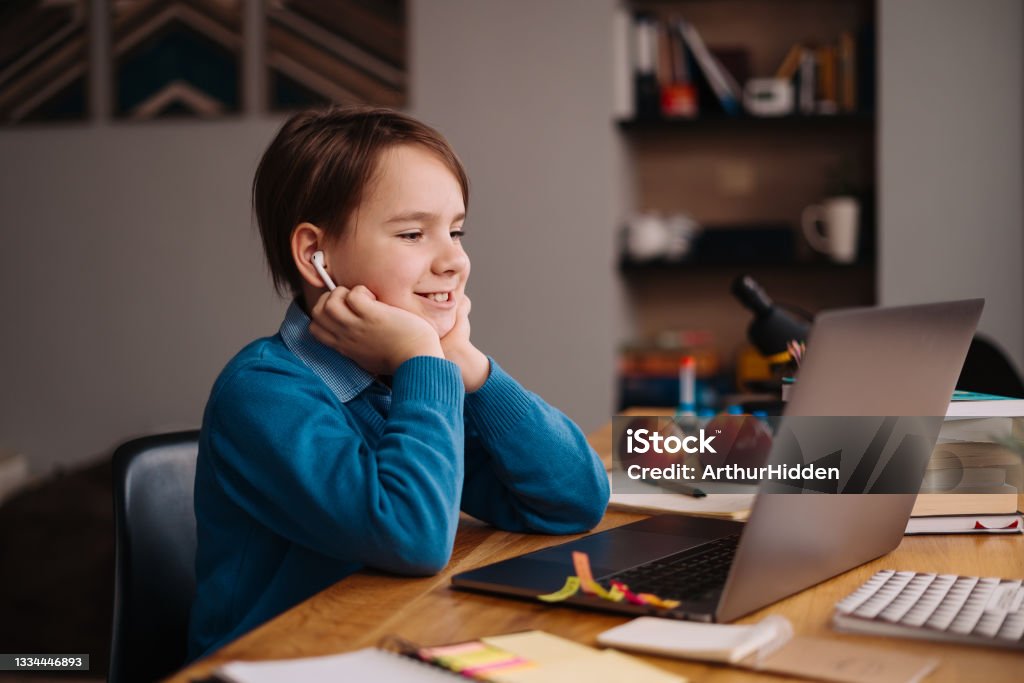 Boy Using Computer Learn Online Learning Boy Using Laptop For His Classes Stock Photo - Download ...