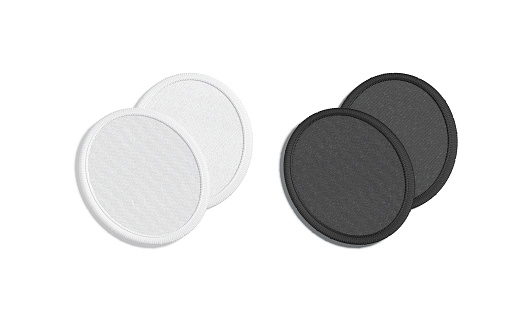 Blank black and white round embroidered patch mockup pair, isolated, 3d rendering. Empty cloth symbolic onlay mock up, side view. Clear circular sewn attachment for anti war icon template.