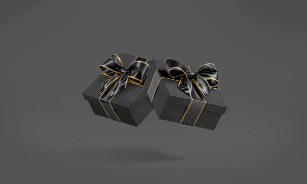 istock Blank black gift box with golden ribbon mockup, no gravity 1334451759