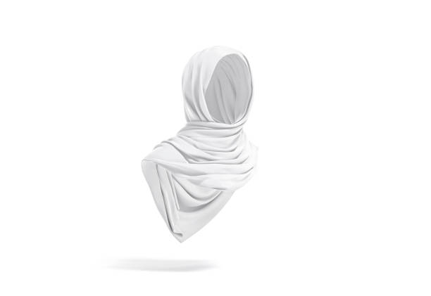 Blank white woman muslim hijab mockup, half-turned view, 3d rendering. Empty silk headgear for privacy head-covering mock up, isolated. Clear muslim scarf or traditional burka template.