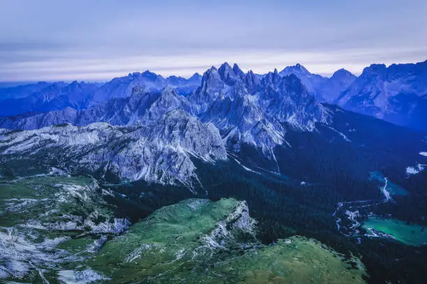 Aerial view of Cadini mountain group in evening dusk light, Sesto Dolomites, South Tirol, Italy.