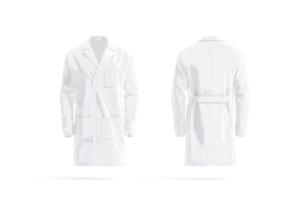 Blank white medical lab coat mockup, front and back view Blank white medical lab coat mockup, front and back view, 3d rendering. Empty medicine robe with pocket for surgeon mock up, isolated. Clear doc or scientist jacket for safety template. bathrobe stock pictures, royalty-free photos & images