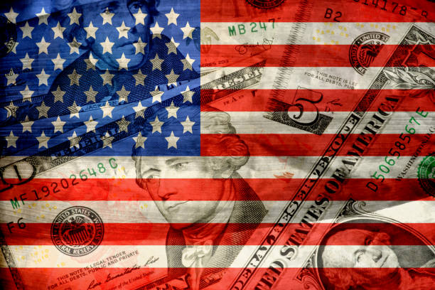 istock Flag of USA and dollar banknotes 1334455673