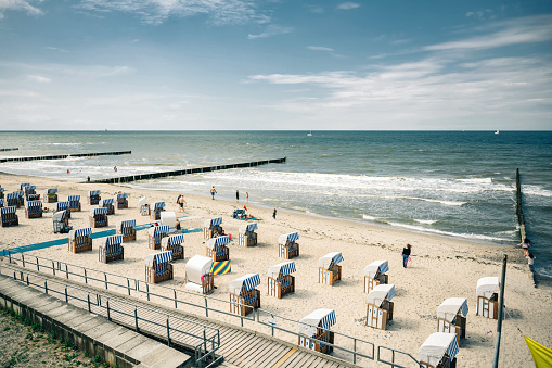 beach chairs at baltic sea coast in Mecklenburg- Vorpommern at sunny summer day