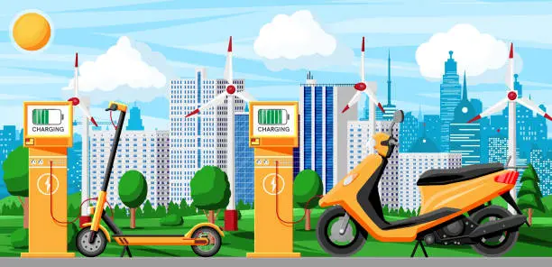 Vector illustration of Electric Scooter and Charging Station