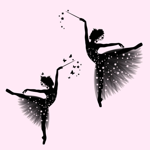 ilustrações, clipart, desenhos animados e ícones de princesa bailarina fada com coroa, varinha mágica e contorno de silhueta vetor tutu estrelado - ballet dancer