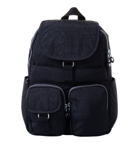 istock Black backpack for men, made of fabric with silver zippers. Model with a flap and pockets. On a white background 1334457128