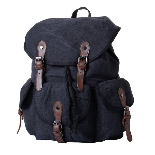 istock Casual backpack for men, made of black fabric with brown leather elements. On a white background 1334457130