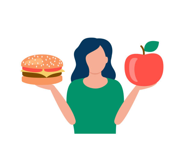 ilustrações de stock, clip art, desenhos animados e ícones de woman hold hamburger and apple in hands, choice between healthy and unhealthy food. choice organic or junk meal. good vs bad diet. vector illustration - eating sandwich emotional stress food