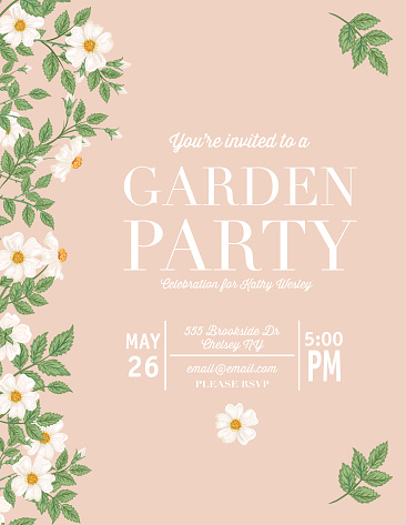 Wild Roses Party Invitation in flat colors with lots of room for text. Perfect for wedding or birthday party invitations. Three layers for easy editing. Roses can be released form the clipping mask. Text is on its own layer.