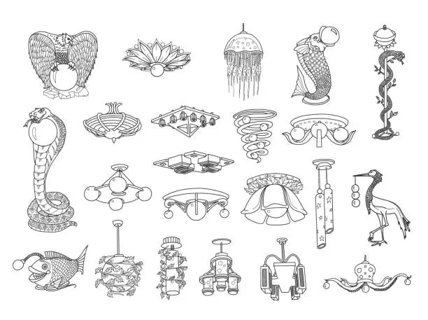 Vector illustration of Pendant Lamps and Chandeliers Doodles Set