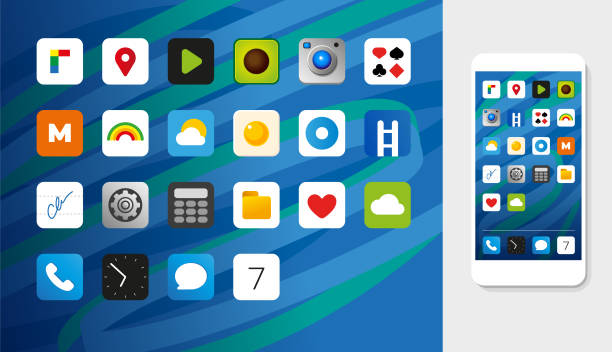 Fake smartphone icons for applications Set of icons on phone or tablet screen mobile app stock illustrations