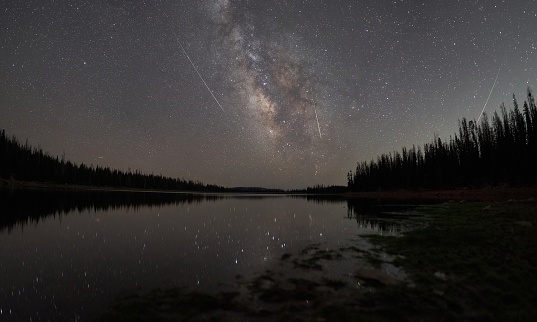 Milky Way and Reflection over an Alpine Lake with 3 Meteors in the Sky
