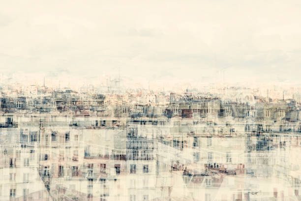 double exposure of residential buildings in paris double exposure from paris city from belleville area paris photos stock pictures, royalty-free photos & images