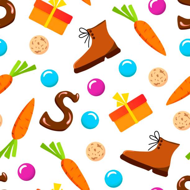 stockillustraties, clipart, cartoons en iconen met simple hand-drawn colored vector seamless pattern. celebration of st. nicholas day, sinterklaas. for printing wrapping paper, gifts, textiles. - sinterklaas