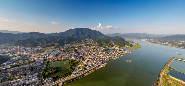 The ancient city of Mei County, Jiande City, Zhejiang Province, China is a rural city surrounded by mountains and rivers.Aerial photography