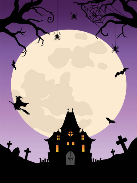 ilustrações, clipart, desenhos animados e ícones de casa assombrada de fundo de halloween, bruxa e lua cheia - lua cheia lua