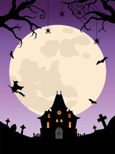 Halloween background haunted house, witch and full moon Halloween Background Haunted House, Witch and Full Moon moon clipart stock illustrations