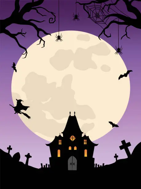 Vector illustration of Halloween background haunted house, witch and full moon