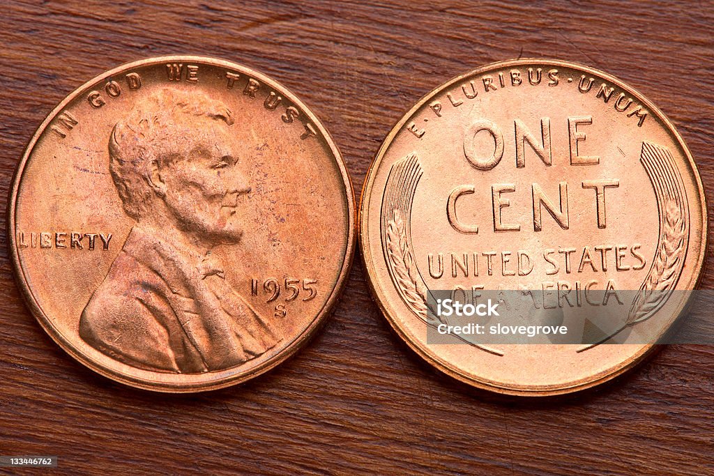 Lincoln One Cent Close up of Lincoln Head, wheat Ears reverse, United States of America one cent coin 1955 Stock Photo