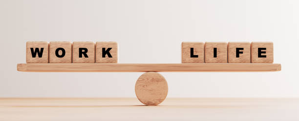 istock Work and Life wording on wooden cube block on seesaw for balancing by 3d render. 1334467820