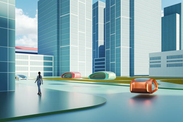 istock Futuristic city with woman walking 1334469818
