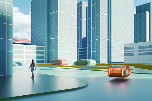 Futuristic city with woman walking and electric cars, 3D generated image.