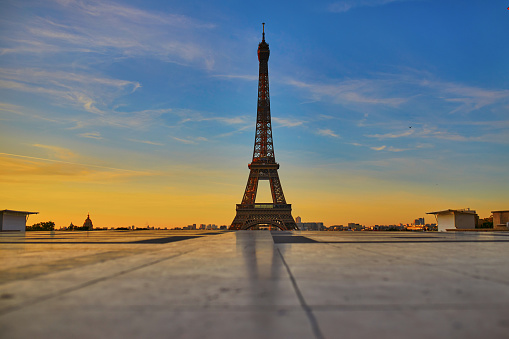 Scenic view of Eiffel tower from Trocadero viewpoint at sunrise. Empty streets of Paris without tourists duing quarantine and coronavirus outbreak. Impact of the COVID pandemic on tourism in France
