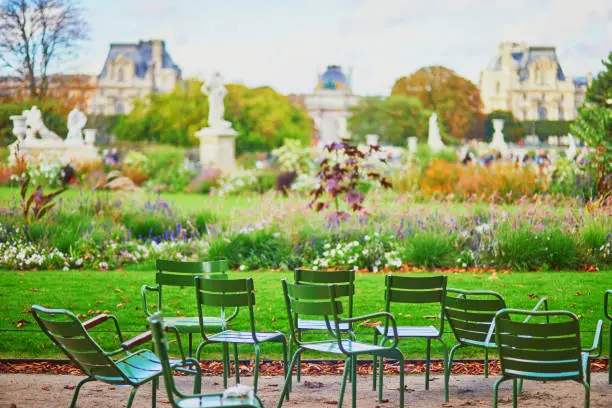 Traditional green chairs in the Tuileries garden in Paris on a bright, warm and sunny fall day